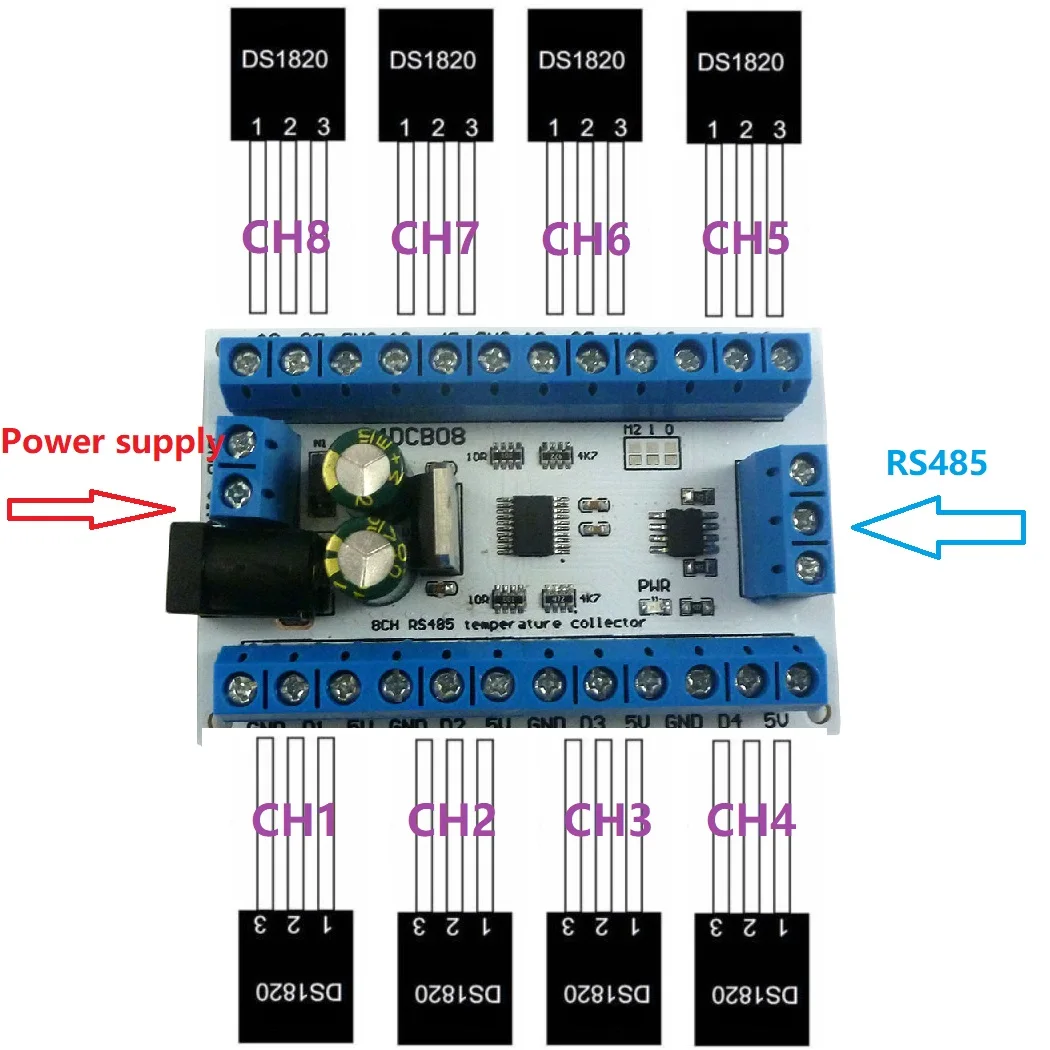 Scheda di acquisizione remota del sensore di temperatura 8Ch e Kit sonda impermeabile DS18B20 da 8 pezzi