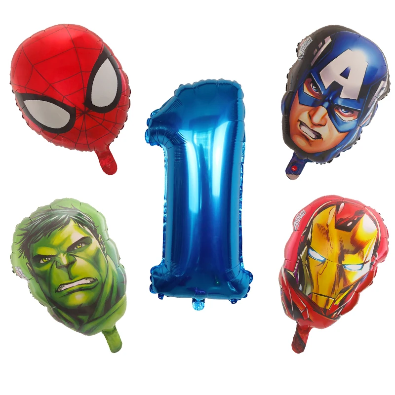 5Pcs Hero Foil Globos Spiderman Head Aluminum Foil Balloons Kids Birthday Party Decoration Baby Shower Iron Man Number Balloon