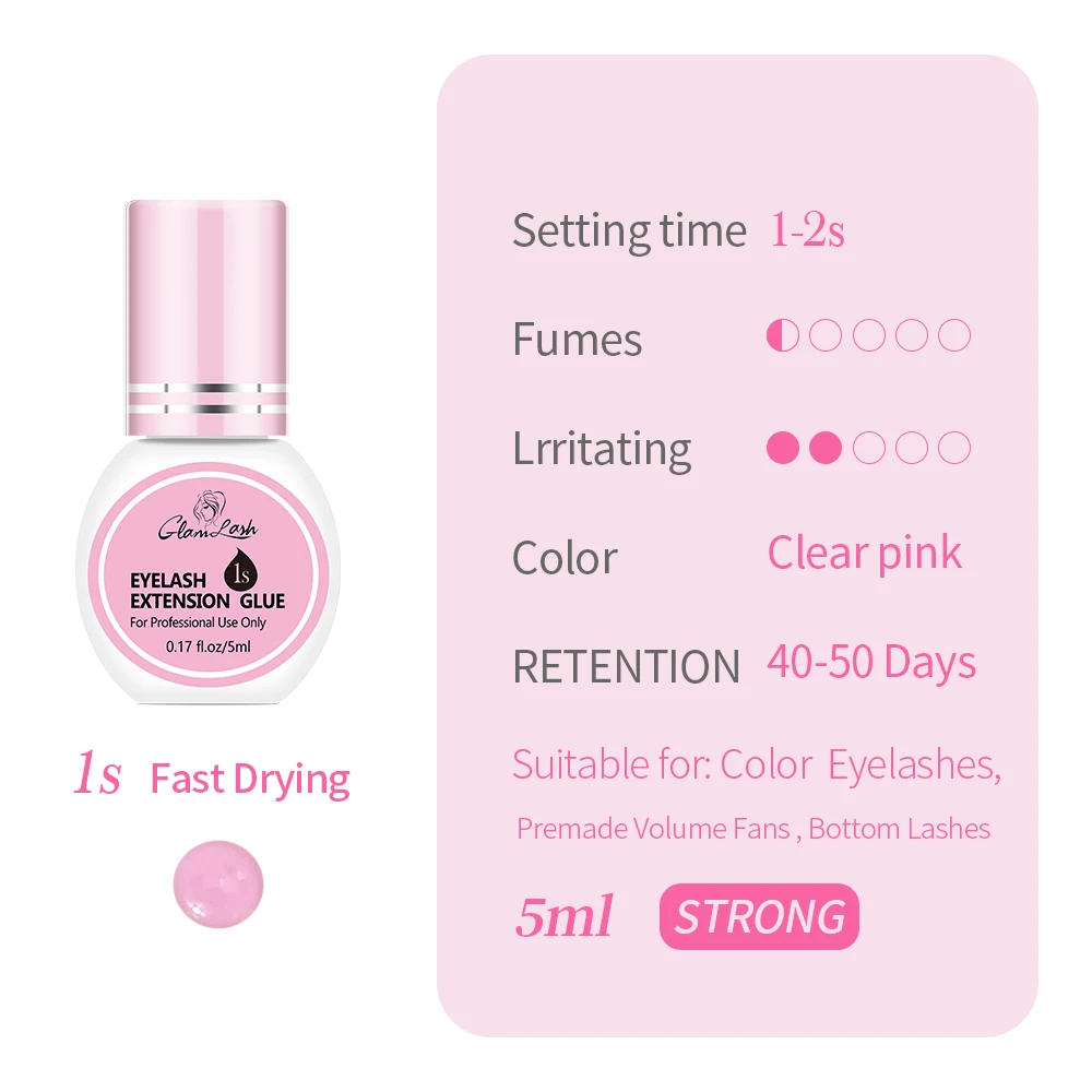 GLAMLASH Wimpernverlängerungskleber, individuelle künstliche Wimpern, schwarzes Klebeset für den professionellen Einsatz, 0,3–2 Sek., Trockenzeit