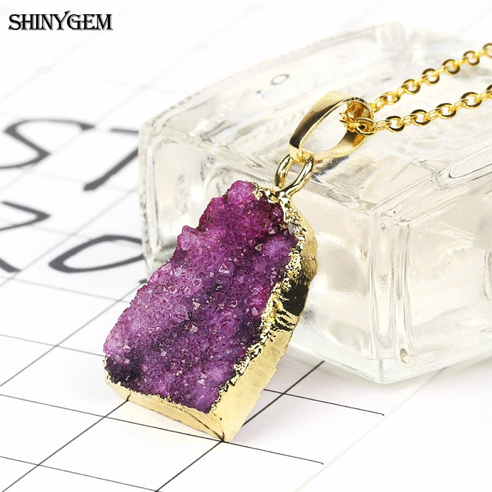 

ShinyGem Irregular Big Natural Crystal Pendant Bohemian Aurora Druzy Stone Gold Plating Necklace For Women