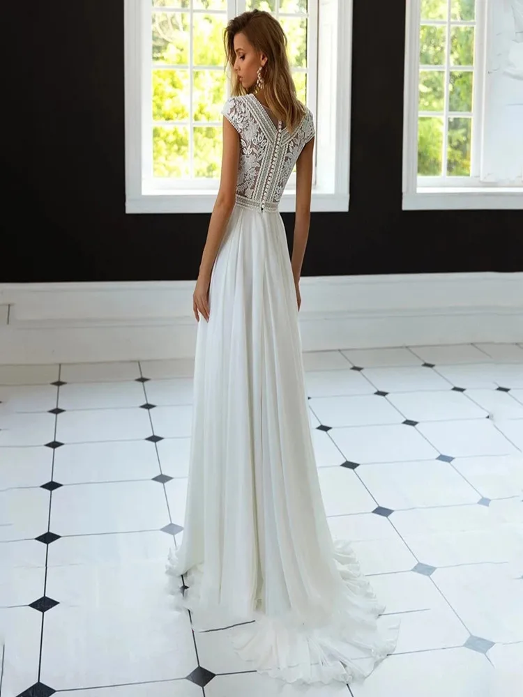 Robe de mariée bohème à col en V pour femme, mousseline de soie, manches courtes, ligne A, dentelle appliquée, train de balayage, robe éducative, sur mesure, 2024