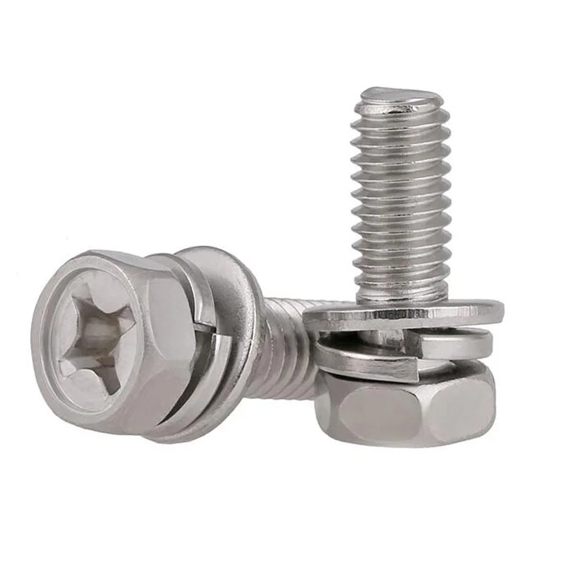 M3~M10 Phillips Hex Head Three Combination Screws 304 Stainless Steel Cross Recessed Hexagon With Washer Sems Screws Bolts