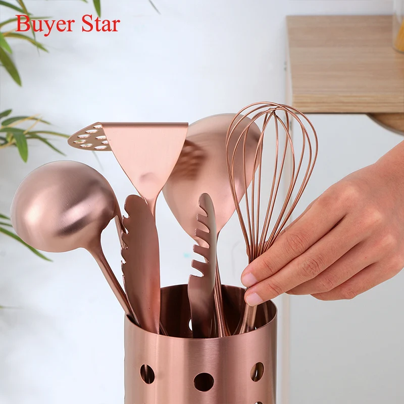 1pcs/7pcs Gold Cooking Tools Cookware Set Chopsticks tube Soup Ladle Colander Set Egg stirring beater Food tong kitchen Utensils