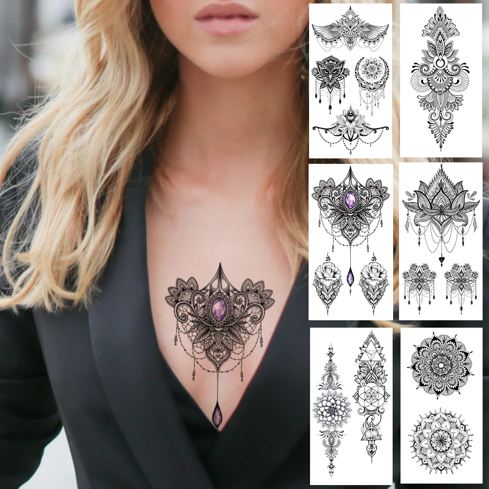 Fake Jewelry Temporary Tattoo For Women Black Mandala Henna Flower Tattoos Sticker India Lace Body Chest Back Disposable Tatoos