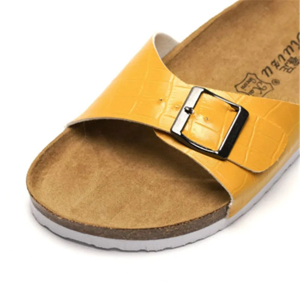 New 2024 Summer Women Sandals Flats Cork Slippers Casual Shoes Fashion Leather Buckle Beach Slides Flip Flop White Yellow Blue