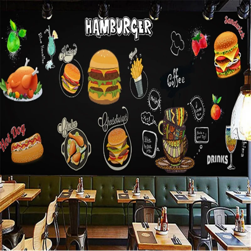 

Custom Snack Bar Hamburger Chicken Wall Paper 3D Burgers Western Fast Food Restaurant black Background Wall Mural Wallpaper 3D