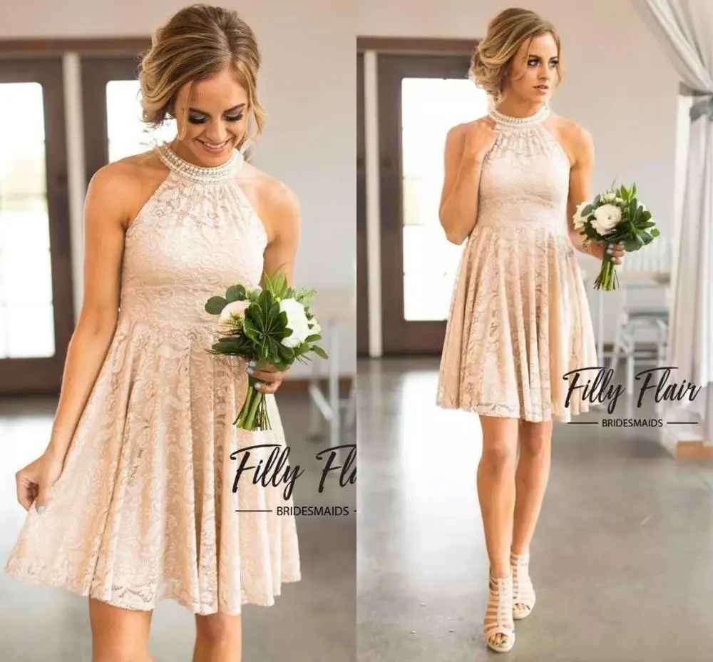 

Nude Lace Bridesmaid Dresses 2024 Country Knee Length With Pearls Jewel Neck Zipper Back Western Maid of Honor Dresses