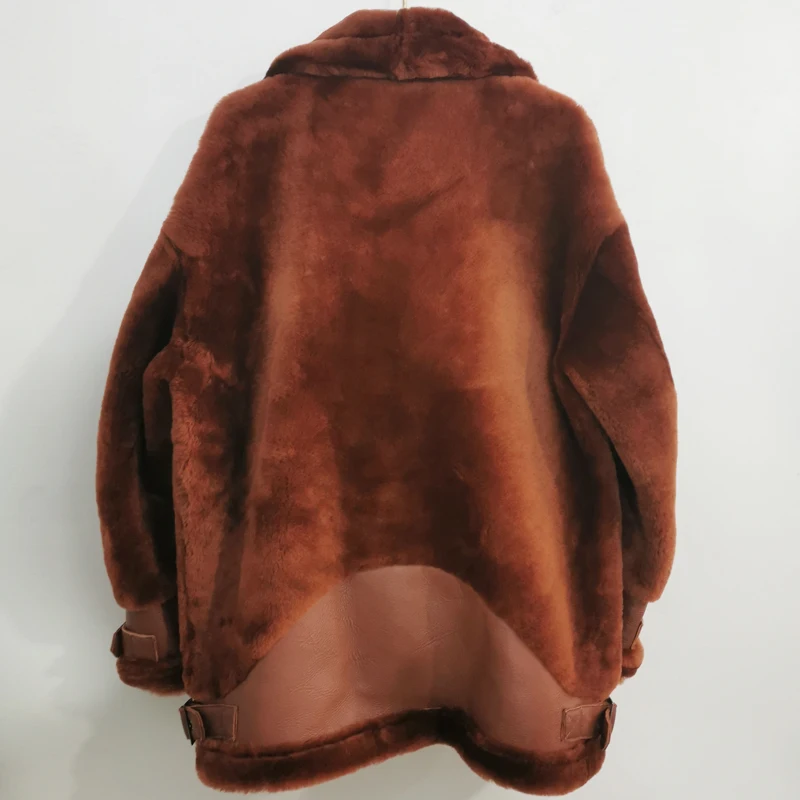 Chaqueta Bomber clásica para mujer, abrigo cálido a la moda, chaqueta de piel de oveja, 70cm de largo, caramelo, piel de oveja