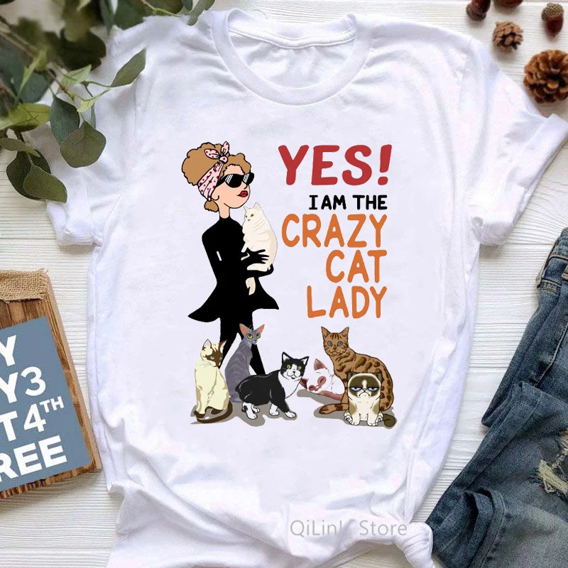 

Women Clothes 2024 Crazy Cat Lady Tee Shirt Femme Funny Tshirt Summer Graphic T Shirts Cats Lover Birthday Gift Girl Clothes Top