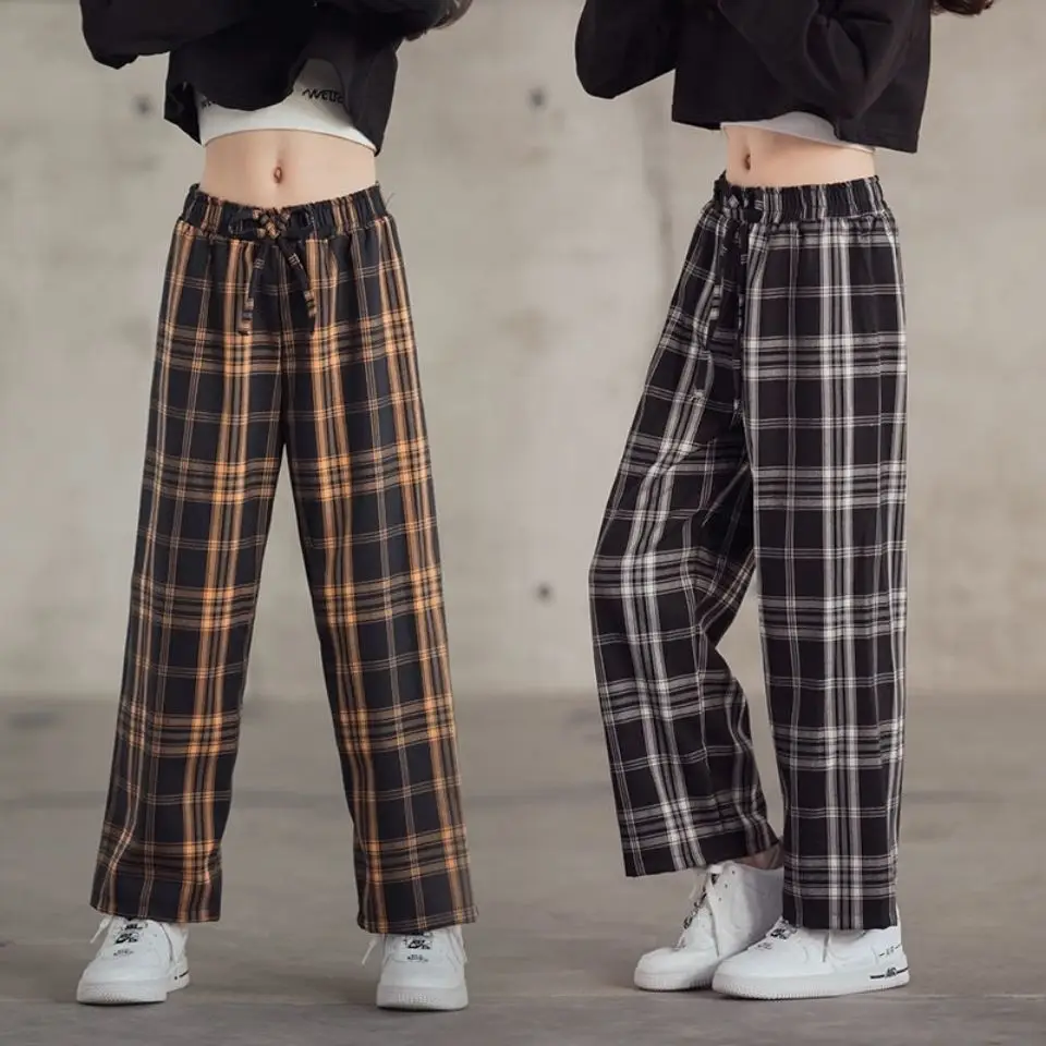 

Girls Plaid Pants 2024 Spring Summer Wide Leg Pants Kids Casual Straight-leg Pants Teenager Sport Trousers 8 Y Children Clothing