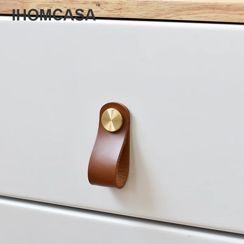 Europe Style Furniture Handles Kitchen Closet Wardrobe Dresser Door Knob Leather Gold Brass Drawer Cabinet Pull Vintage IHOMCASA