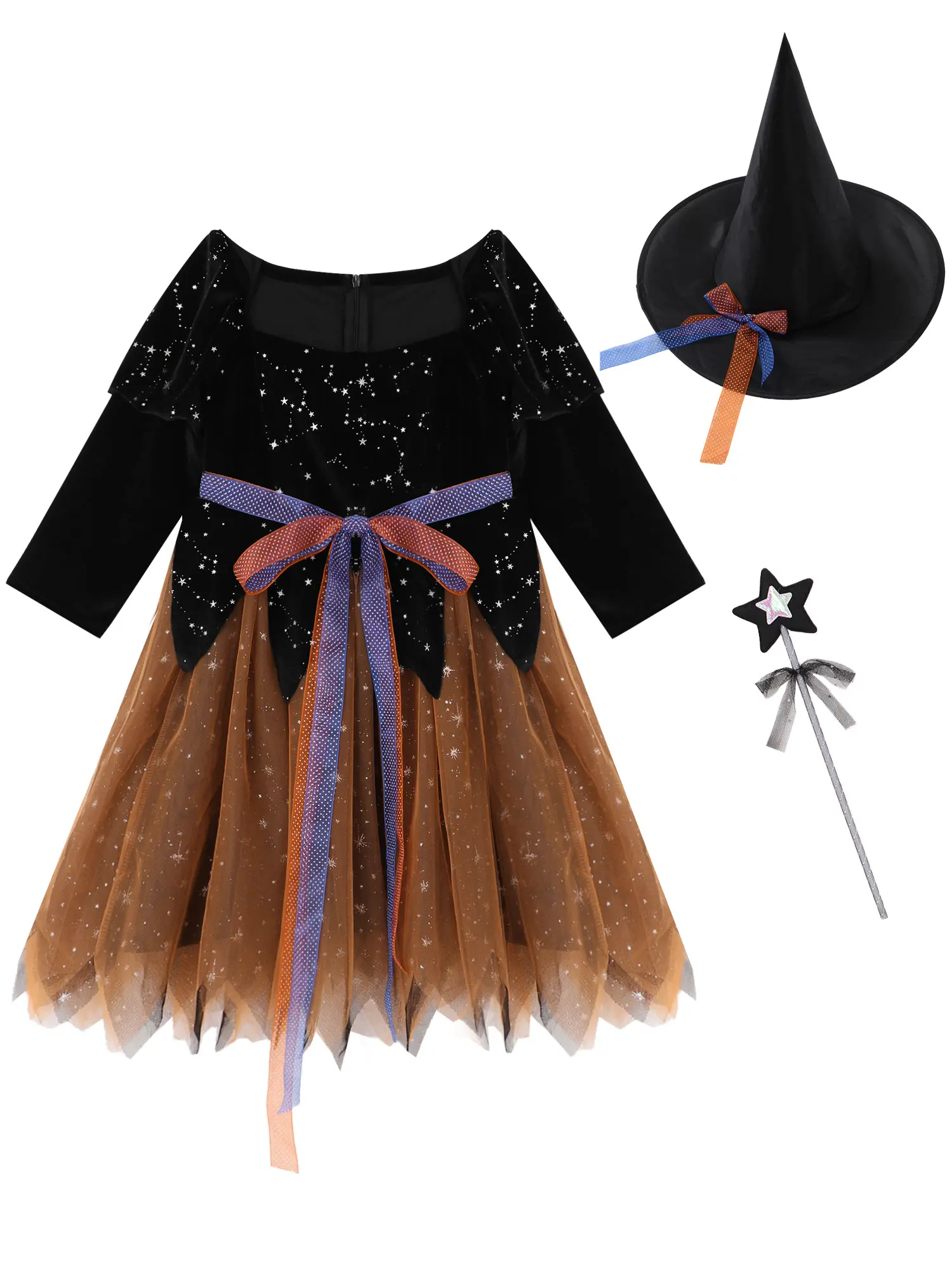 

3Pcs Kids Girls Witch Cosplay Costumes Long Sleeves Stars Print Belt Mesh Dress With Pointed Hat And Wand Set Halloween Costumes