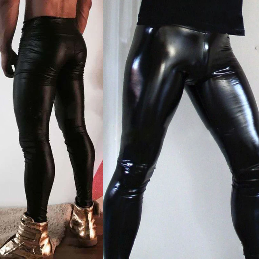 

Men's PU Leather Pants Legging Wet Look Skinny Pouch Trousers Clubwear Stage Show Costume Stretchy Latex Glossy Tight Long Pants