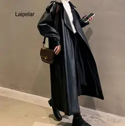 Spring Black Oversized Long Waterproof Leather Trench Coat for Women 2022 Long Sleeve Loose Korean Fashion Clothing