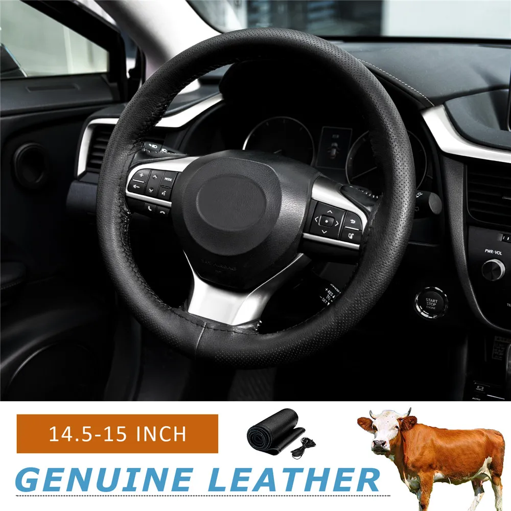 

Universal 38cm 15" Genuine Leather DIY Steering Wheel Cover Hand-stitched Punched With Needles Thread Car Interior Accessories