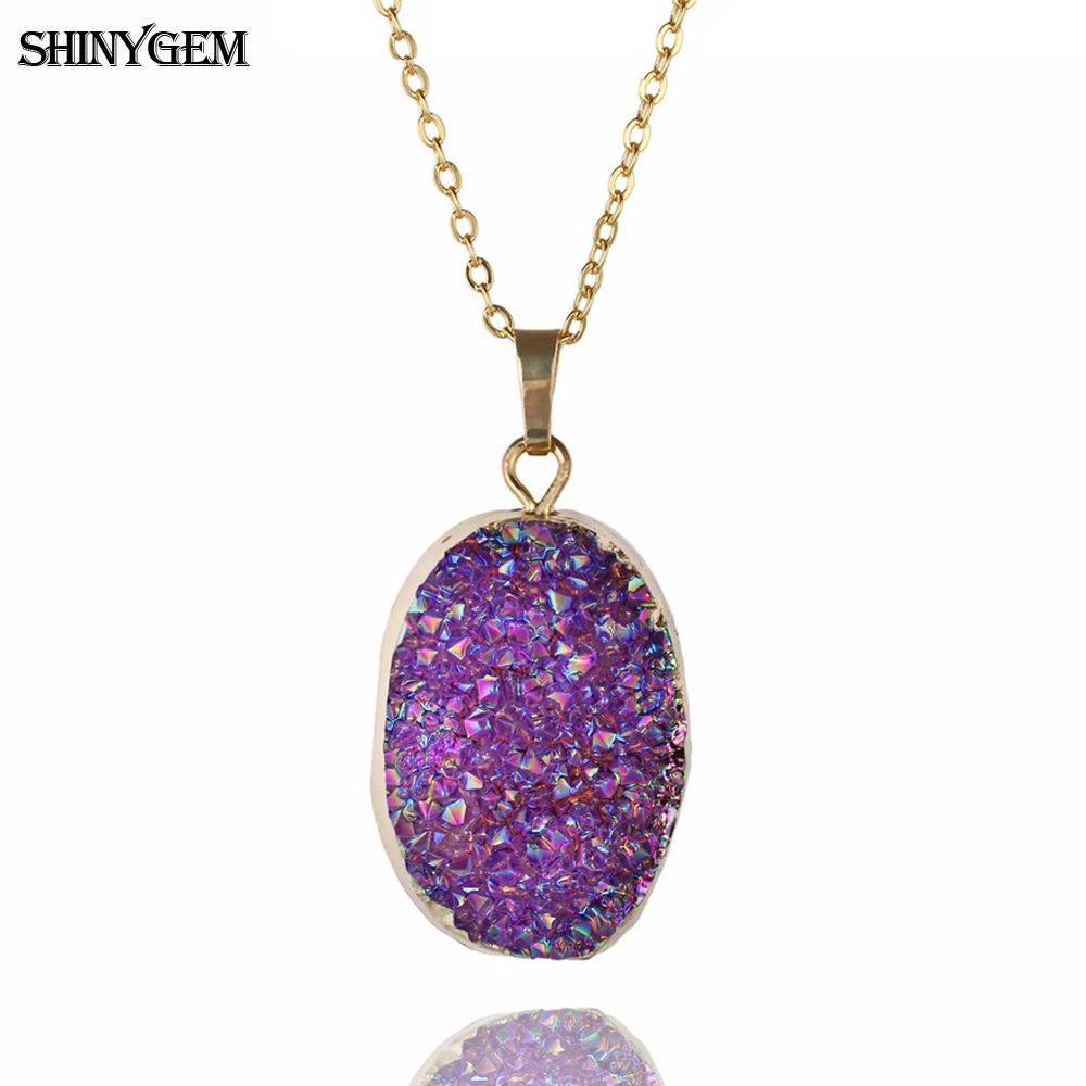 ShinyGem Classical Healing Natural Crystal Druzy Pendant Necklaces Chakra Stone Gold Plating Bezel Necklaces For Women Wedding