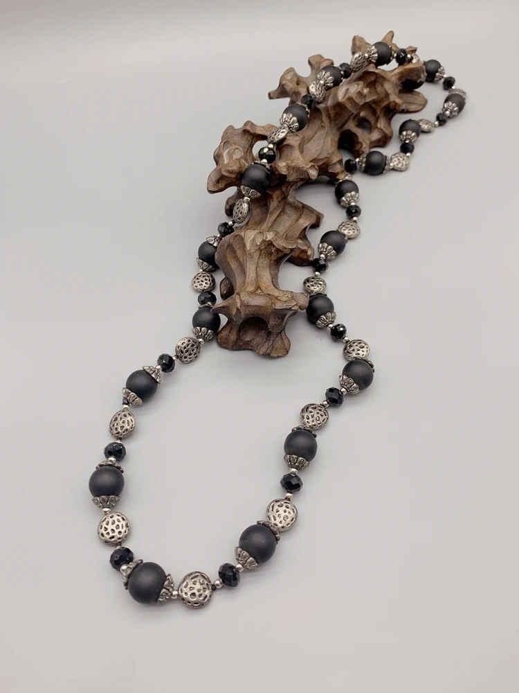 FoLisaUnique 12mm Matte Black Onyx Necklace For Women Hammered Look Antique Silver Beads Long Necklace Casual Jewelry 32 Inch