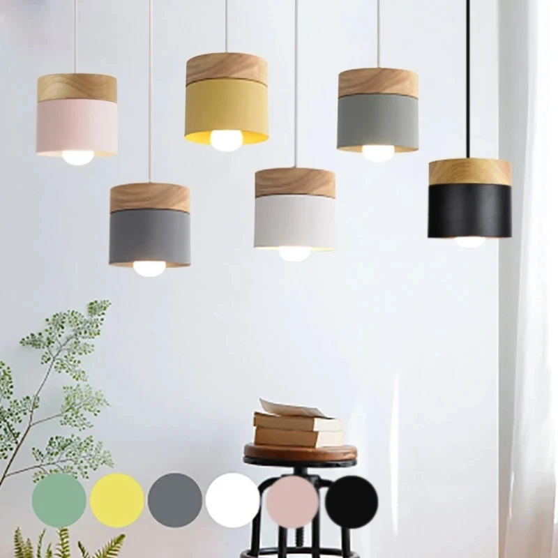 

Modern Wood Iron E27 Pendant Lights Nordic Colorful Minimalist Living Room Coffee Bedroom Led Indoor Decor Hanging Lamps