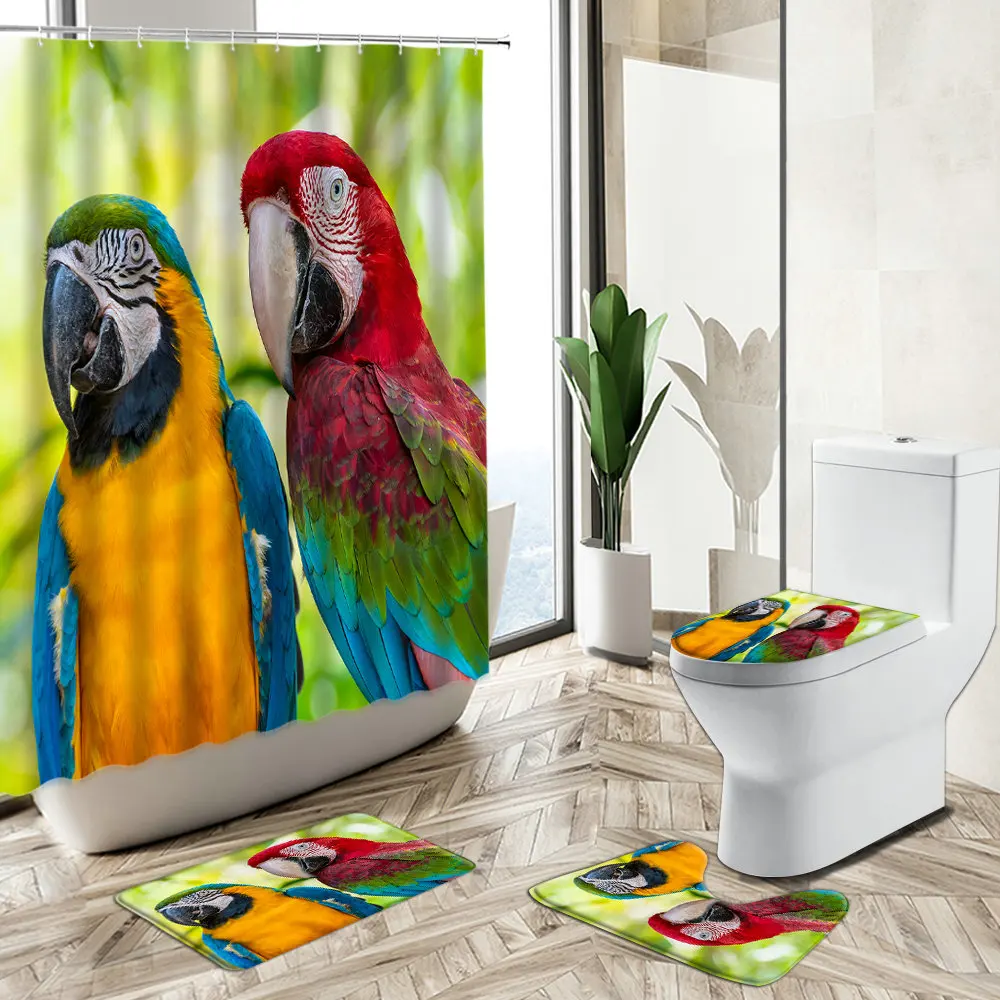 Couple Parrot Shower Curtain Bird Animal Summer Jungle Natural Scenery Bathroom Decor Non-Slip Carpet Toilet Cover Floor Mat Set