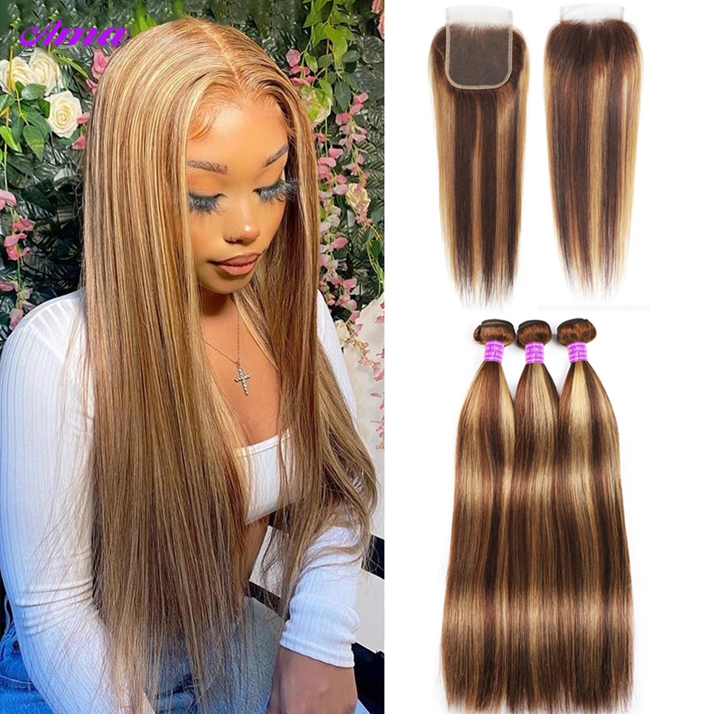 

P4 27 Highlight Bundles With Closure Bone Straight Bundles With Closure 4x4 Inch Brown Human Hair Bundles With Closure Free Part