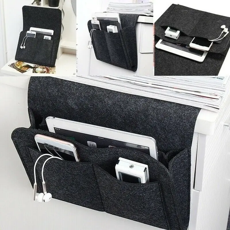 Bedside Felt Storage Bag With Pockets Bedhead Sofa Desk Hanging Organizer For Phone Magazines Tablets Remotes Pockets