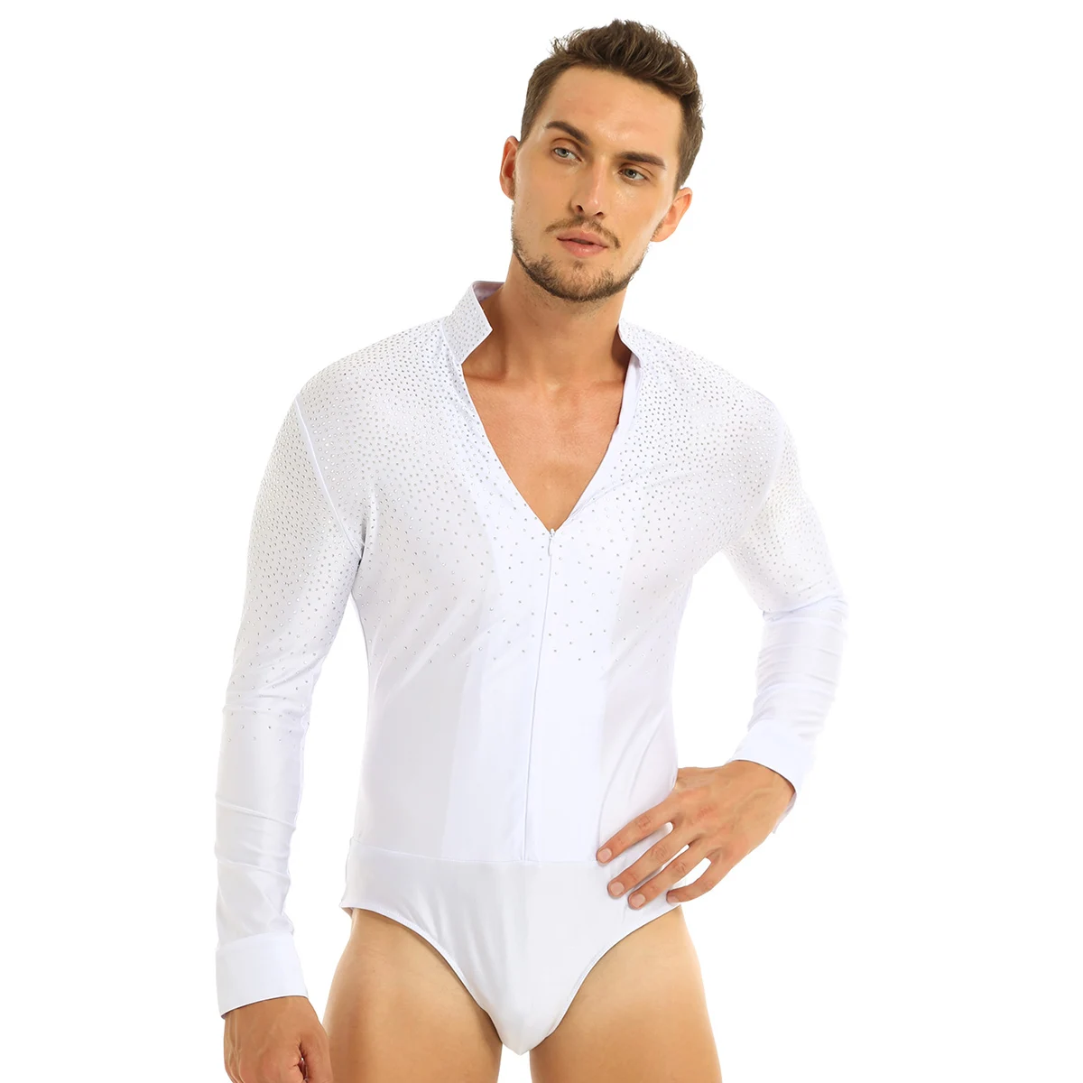 Nam Nhảy Latin Sáng Bóng Phối Ren Cổ Chữ V Cổ Đứng Tay Dài Bóng Tango Rumba quần Lửng Leotard Bodysuit Áo Liền Quần Áo