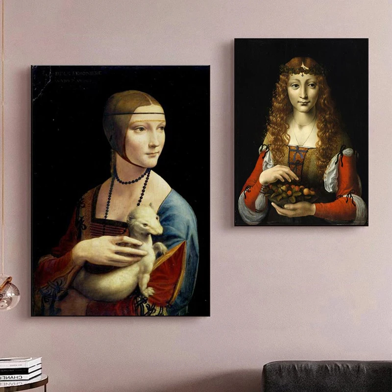 

The Lady With An Ermine and Girl With Cherries Canvas Art Paintings Reproductions Wall Famous Canvas Wall Art Home Decor