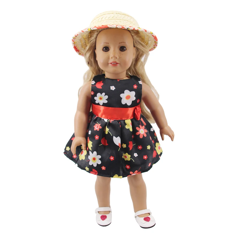 Doll Clothes Floral Skirt With Hat ,Checkered Thick Skirt,PU Shoes For 18Inch American,43Cm Reborn Baby Play Toy,Generation Gift