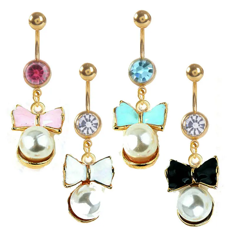 

12pcs/lot Bowknot Shaped Belly Bar Pearl Romantic Navel Belly Ring Body Piercing Jewelry 4 Color