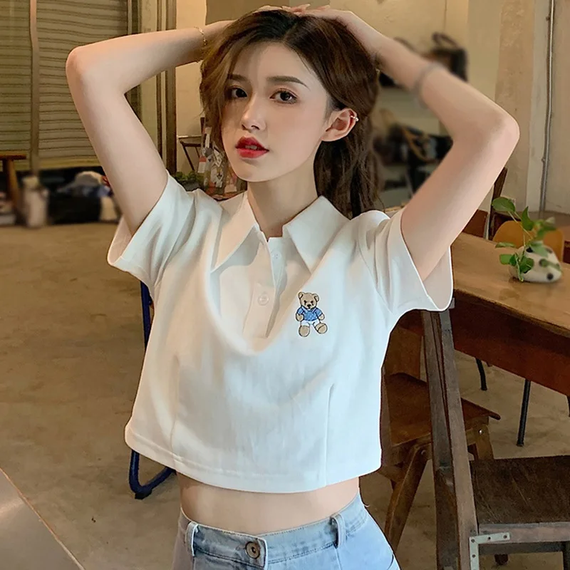 Summer Short Shirts Sweet Lovely Tops Casual Short-sleeved T-shirt  Lapel Design Women Loose Tops Tees