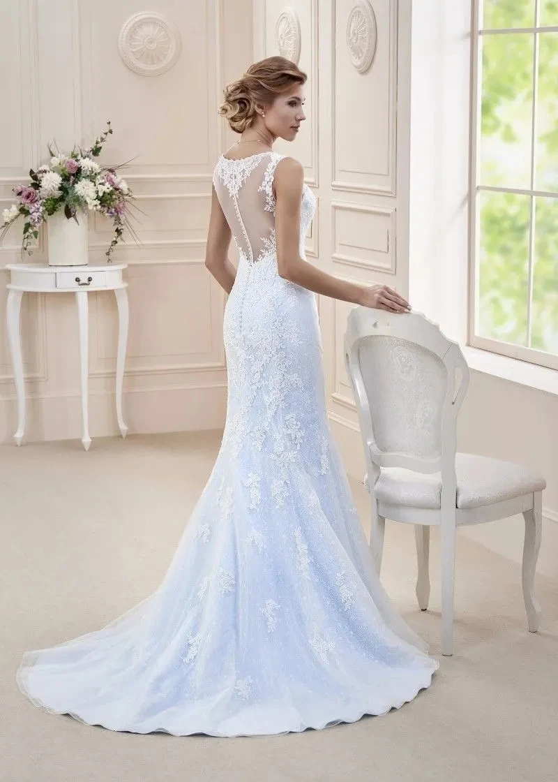 Vestido de novia de encaje azul, vestido de novia largo de sirena con acento colorido 2021