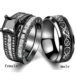 2025 Charm Couple Rings - Fashion Men Black Stainless Steel Ring Women Rhinetones Rings Set Bride Wedding Band Engagement Gift