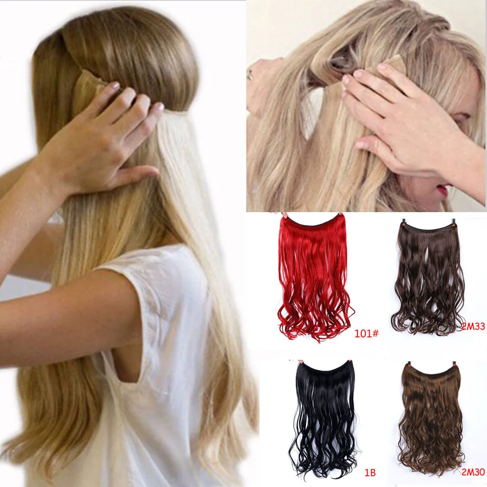 Allaosify Synthetic Hair Extension 24 Inch Curly Natural Black Red Brown Blonde Hairpieces With Fish Line Wavy False Hair Piece