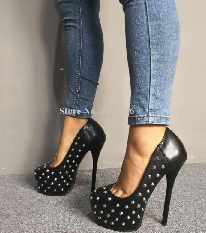 New Black Leather Rivets Platform Shoes Women Sexy Slip-on Stiletto Heel Pumps Lady Studded High Heels Dress Shoes Real Photos