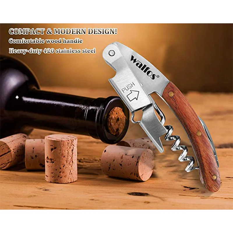 WALFOS High Quality  Wood Handle Professional Wine Opener Multifunction Portable Screw Corkscrew Wine Bottle Opener Sea Horse