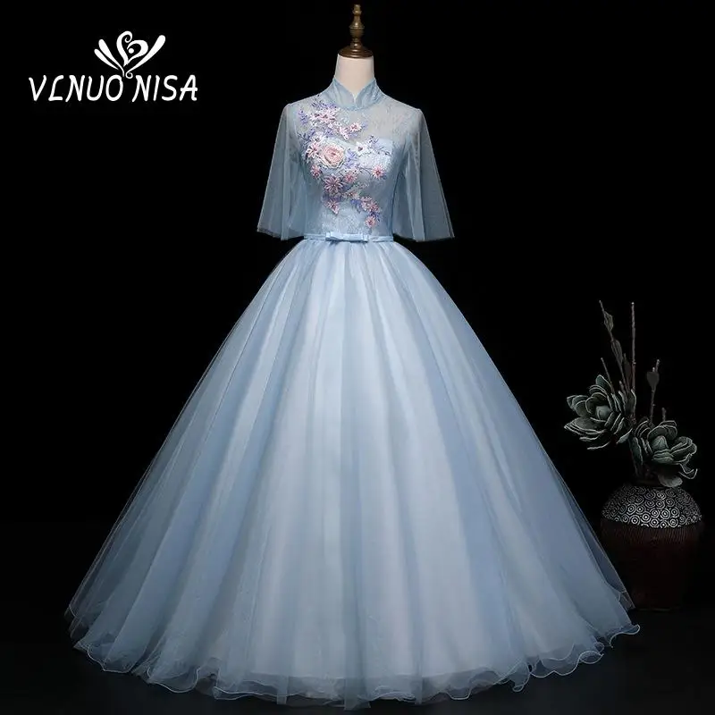 Vestidos de quinceañera con cuello alto, Media manga, ilusión de princesa, foto de estudio, 3D, encaje de flores, vestido de baile bordado, primavera 2023