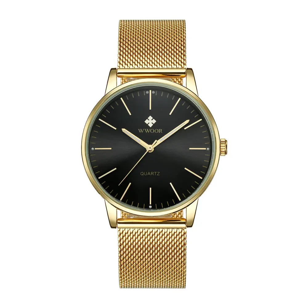 WWOOR Men Simple Analog Quartz Watch Mesh band Luminous Hands Date Display Casual Ultra-thin Wristwatches relogio masculino