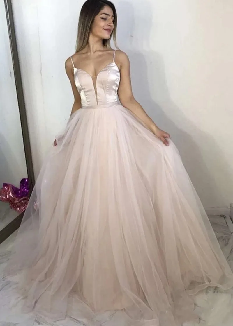 Robe de soirée forme trapèze, tenue de soirée Simple et élégante, couleur Champagne, col en V, bretelles Spaghetti, Tulle, 2021