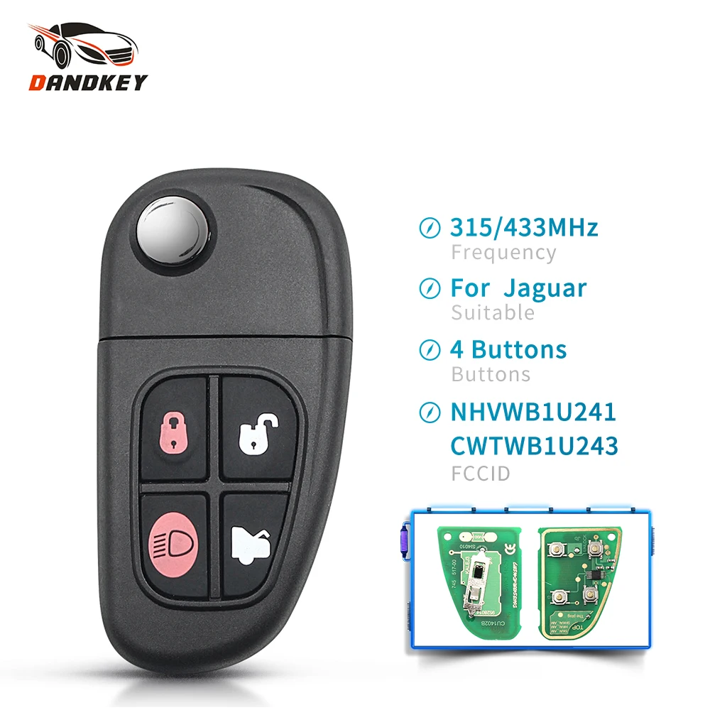 

Dandkey NHVWB1U241 Flip Car Remote Key For Jaguar X-Type S-Type 1999-2009 XJ XJR 2002-2008 4 Botton Auto 315MHz/433MHz 4D60 Chip