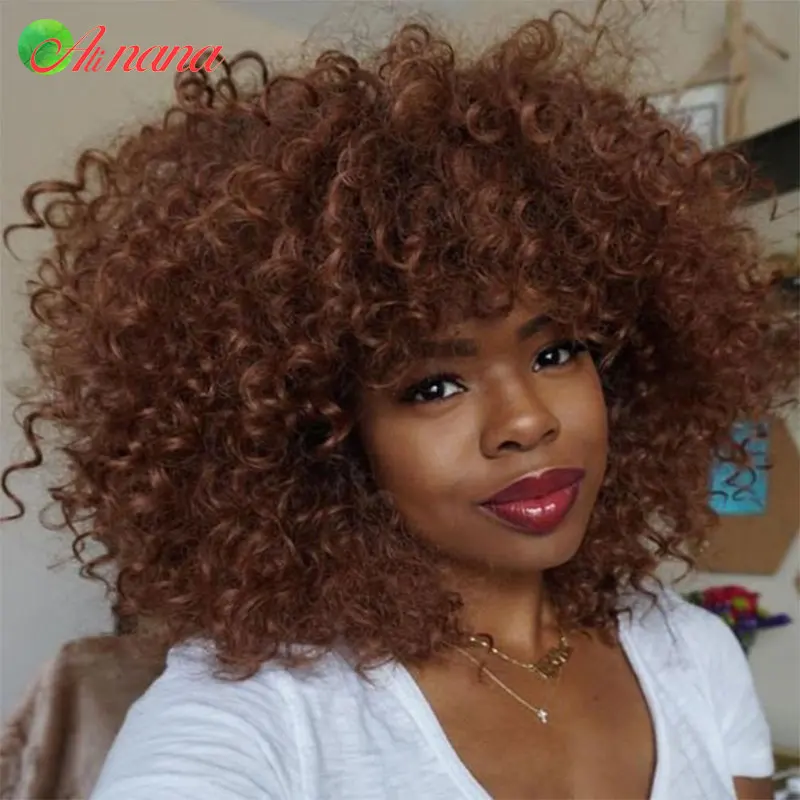 Brazilian Bouncy Curly Scarf Wig Ginger/Brown/ Blonde Color Full Machine Wig With Bangs Curly Style100% Human Hair Wig For Women