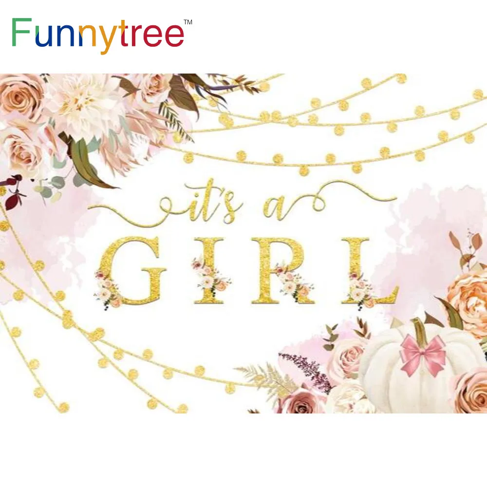 Funnytree It's a Girl Birthday Decoration Pink Bow Party Flower Backdrop Baby Shower Lights Banner Pumpkin Background Photo