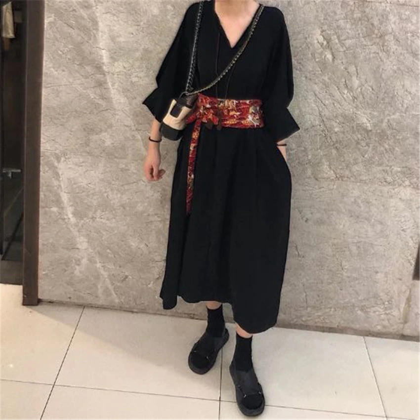 Japanese Style Women Kimono Dress Belt Floral Crane Haori Obi Dresses Men Waistband Traditional Ukiyo-e Streetwear Accessories