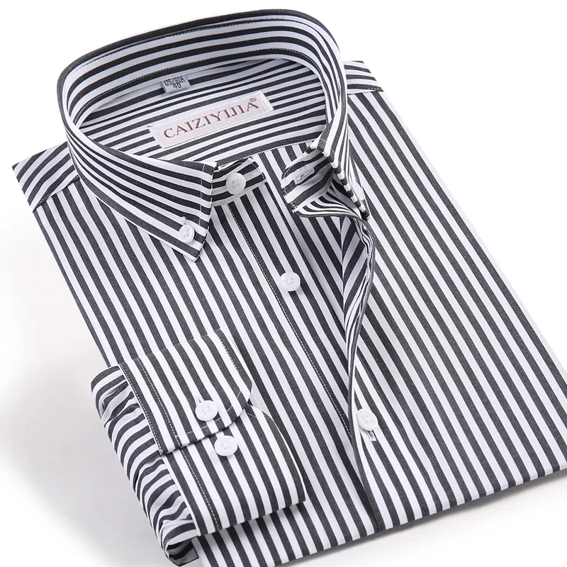 Men\'s Long Sleeve Pinpoint Striped Dress Shirt Quality Pocketless Design Slim Fit Casual Button Down Easy Care Cotton Shirts