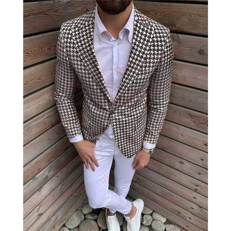 

Stylish Houndstooth Suit Men 2Pcs Slim fit Bridegroom Wedding Suits Tuxedo Men's Marriage Blazer Casual Brown Jacket White Pants