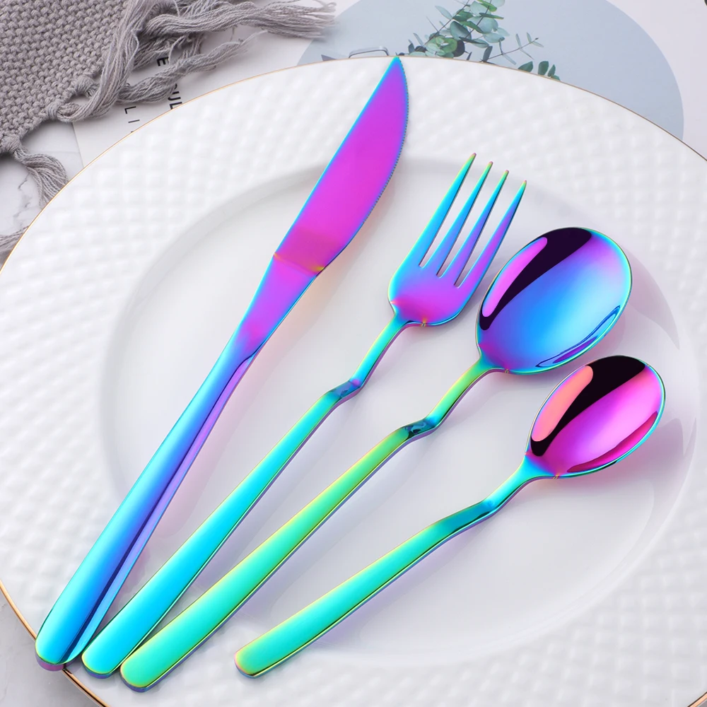 

4-24PCS Sushi Design V Tableware Food Gold Cutlery Set Stainless Steel Dinner Knife Fork Spoon Rainbow Portable Dinnerware Set