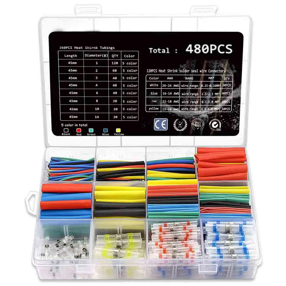 

Kit de conectores de fio de vedação de solda, 448/480/530 peças terminais encolhedores de calor, conectores bunda à prova d' águ
