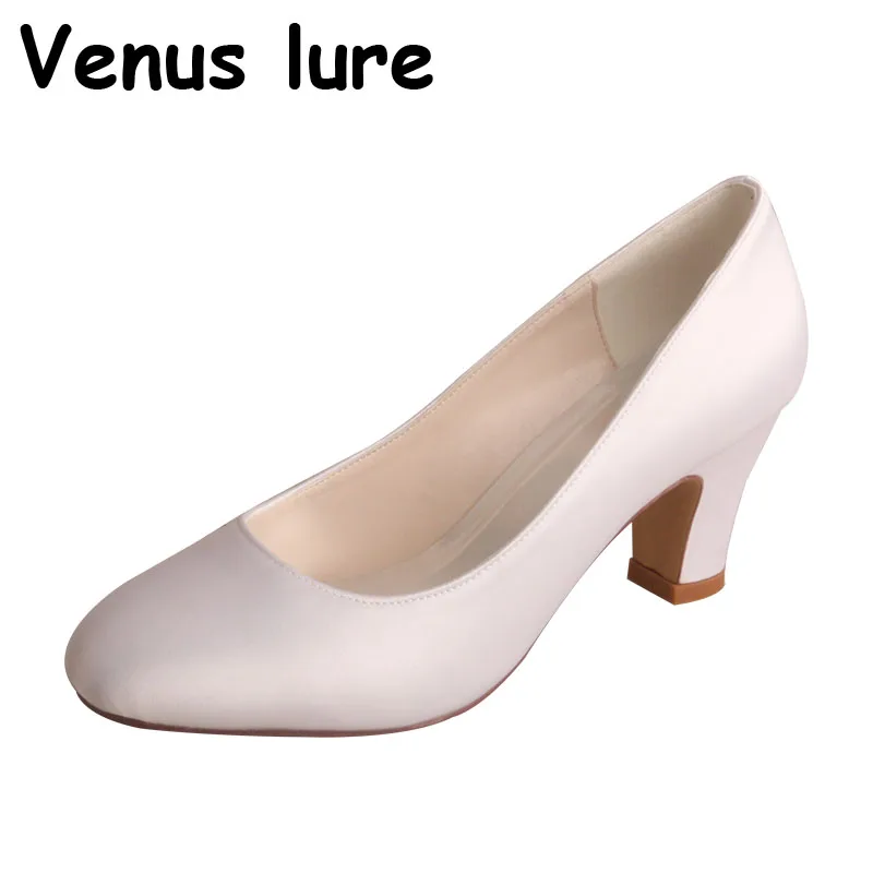 Customized 23 Colors Round heel White Color Satin Womens heels for weddings Block Heel