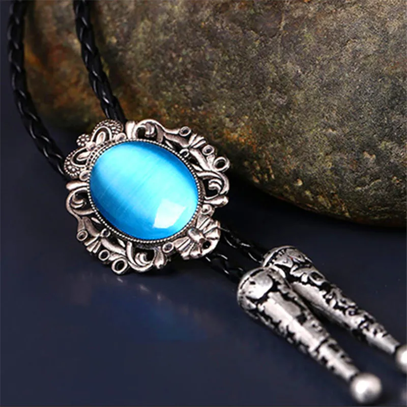 Bolo Tie Western Cowboy Opal Rodeo Leather Necktie