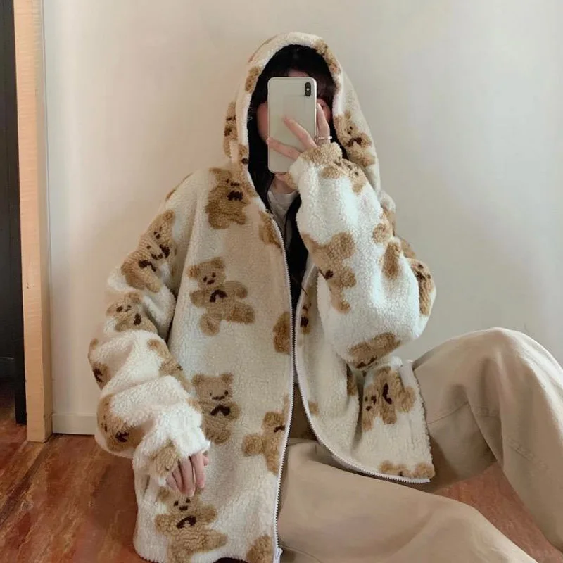 Pakaian Luar Estetika Harajuku 90S Mantel Beruang Wol Domba Tebal Kawaii Musim Dingin Uniseks Musim Dingin Wanita Y2k Retro Atasan Longgar Hoodie Ritsleting Atas