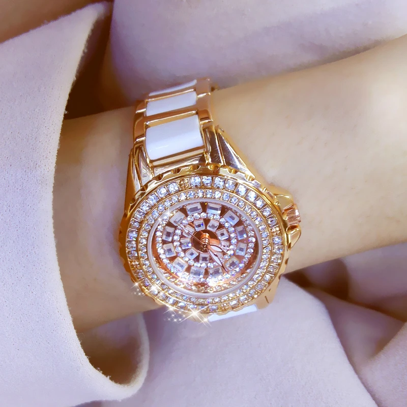 Reloj de cuarzo de lujo para mujer, de oro rosa, de cerámica, femenino